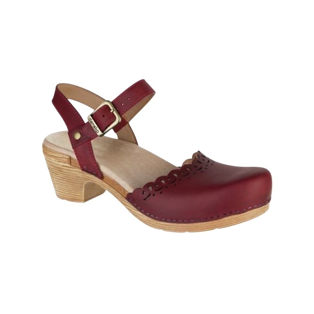 DANSKO Marta Scalloped Leather Mary Jane Clogs 38 EU 8 US Burgundy Fall Comfort